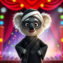 A delightful depiction of Buster Moon, the spirited koala from 'Sing', wearing traditional Iranian Ayatollah attire