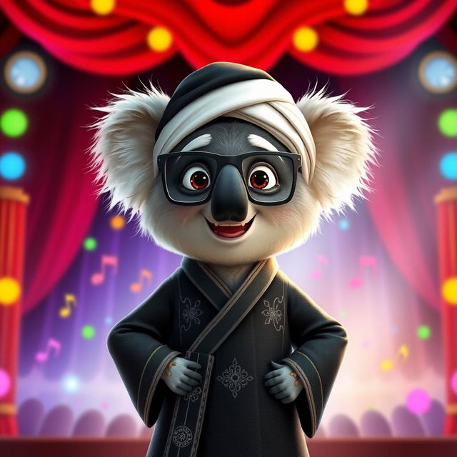 A delightful depiction of Buster Moon, the spirited koala from 'Sing', wearing traditional Iranian Ayatollah attire