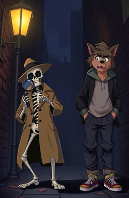 A dynamic scene showcasing a skeleton detective in a classic trench coat and fedora, holding a magnifying glass, investigating a crime scene