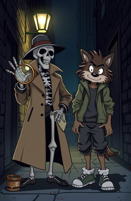 A dynamic scene showcasing a skeleton detective in a classic trench coat and fedora, holding a magnifying glass, investigating a crime scene