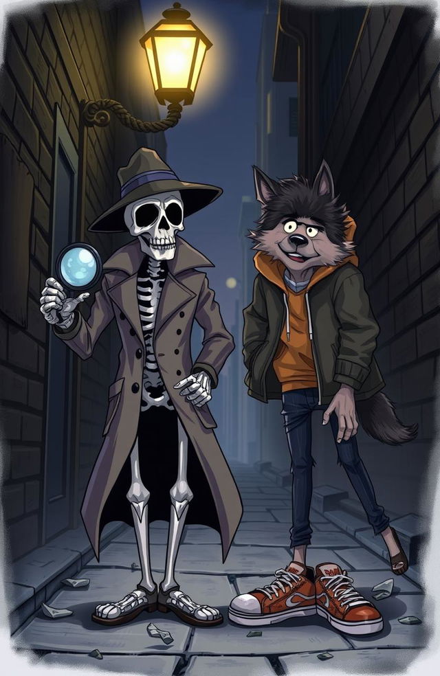 A dynamic scene showcasing a skeleton detective in a classic trench coat and fedora, holding a magnifying glass, investigating a crime scene