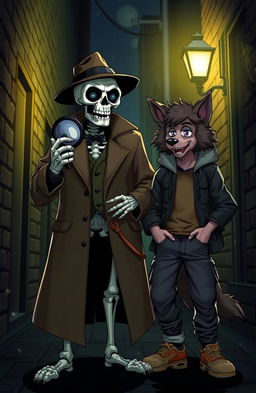 A dynamic scene showcasing a skeleton detective in a classic trench coat and fedora, holding a magnifying glass, investigating a crime scene