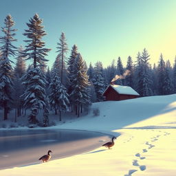 A serene winter landscape showing a peaceful snow-covered forest under a soft blue sky