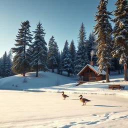 A serene winter landscape showing a peaceful snow-covered forest under a soft blue sky