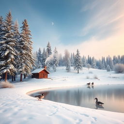 A serene winter landscape showing a peaceful snow-covered forest under a soft blue sky