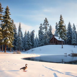 A serene winter landscape showing a peaceful snow-covered forest under a soft blue sky
