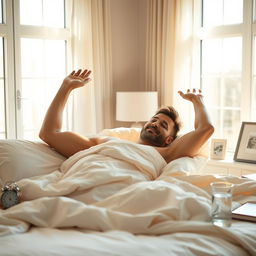 A man waking up in a bright and airy bedroom, nestled in a comfortable bed surrounded by fluffy blankets