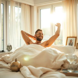A man waking up in a bright and airy bedroom, nestled in a comfortable bed surrounded by fluffy blankets