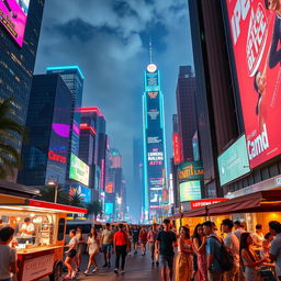 A futuristic cityscape at night, illuminated with neon lights in vibrant colors