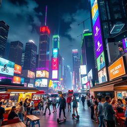 A futuristic cityscape at night, illuminated with neon lights in vibrant colors