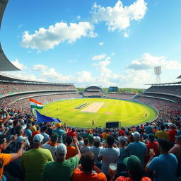 A vibrant and bustling cricket stadium filled with enthusiastic fans