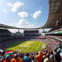 A vibrant and bustling cricket stadium filled with enthusiastic fans