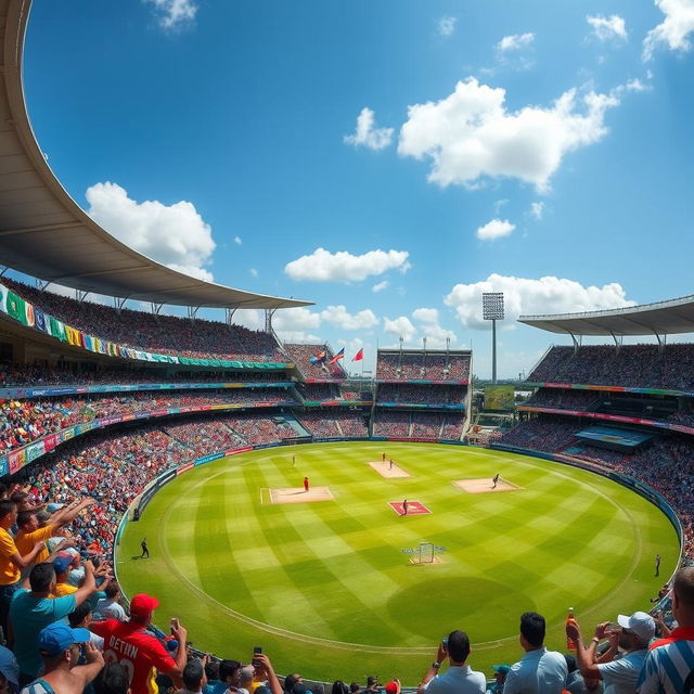 A vibrant and bustling cricket stadium filled with enthusiastic fans