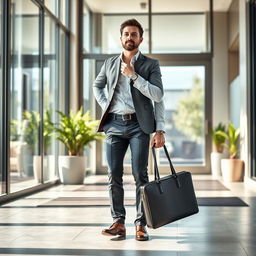 The same man, dressed in smart casual attire, arriving at a modern office building