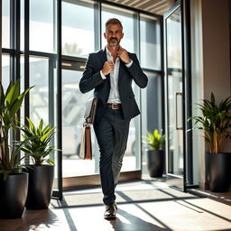The same man, dressed in smart casual attire, arriving at a modern office building
