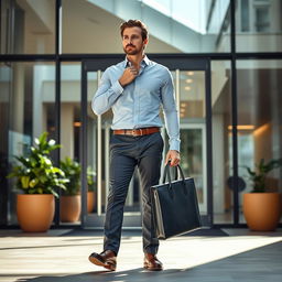 The same man, dressed in smart casual attire, arriving at a modern office building