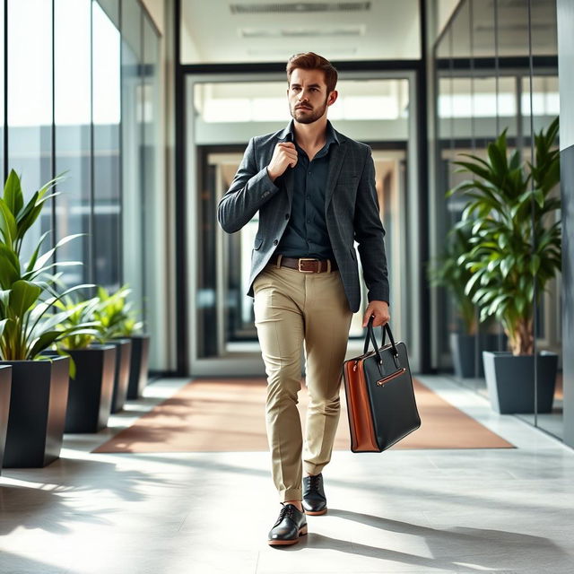 The same man, dressed in smart casual attire, arriving at a modern office building