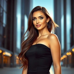 A stunning portrait of a glamorous brunette woman with long, flowing hair, exuding confidence and elegance