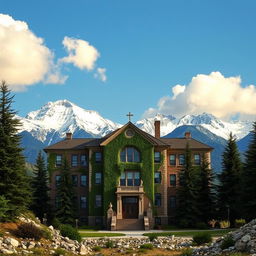 A huge old school building situated in the middle of a majestic mountain range, featuring classic architecture with large windows, ivy-covered walls, and a grand entrance