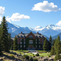 A huge old school building situated in the middle of a majestic mountain range, featuring classic architecture with large windows, ivy-covered walls, and a grand entrance