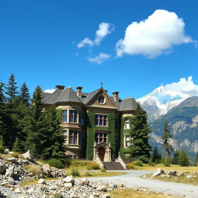 A huge old school building situated in the middle of a majestic mountain range, featuring classic architecture with large windows, ivy-covered walls, and a grand entrance