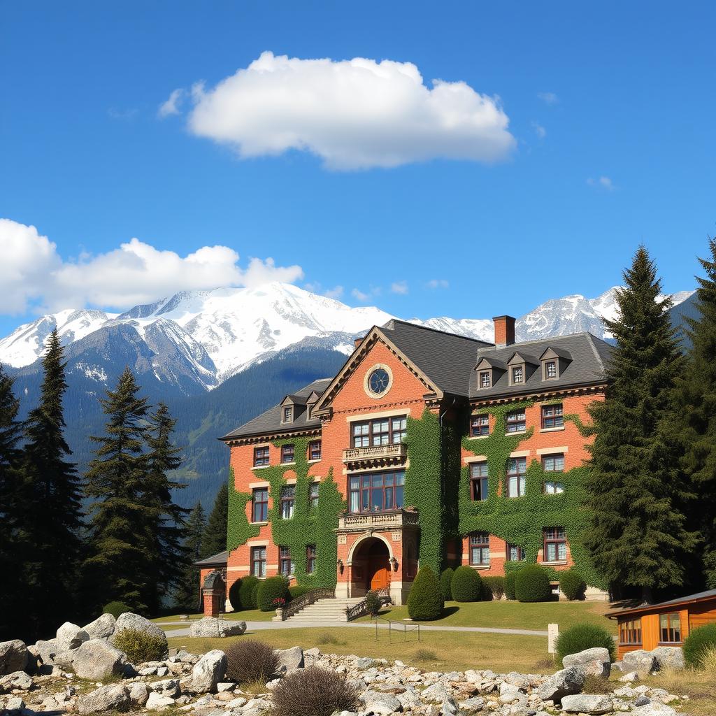 A huge old school building situated in the middle of a majestic mountain range, featuring classic architecture with large windows, ivy-covered walls, and a grand entrance