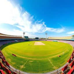 A panoramic view of a cricket stadium with a well-maintained grass field, colorful seats, and a bright blue sky