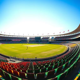 A panoramic view of a cricket stadium with a well-maintained grass field, colorful seats, and a bright blue sky