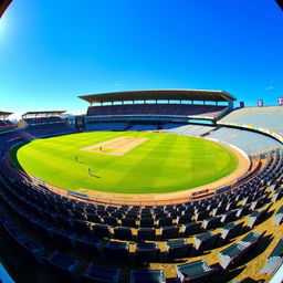 A panoramic view of a cricket stadium with a well-maintained grass field, colorful seats, and a bright blue sky