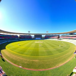A panoramic view of a cricket stadium with a well-maintained grass field, colorful seats, and a bright blue sky