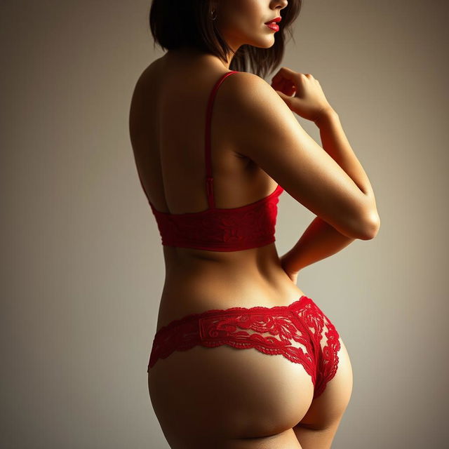 A mature Latina woman posing seductively in sexy red lingerie, showcasing her voluptuous figure