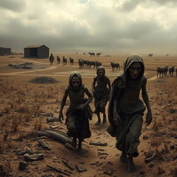 A haunting portrayal of a 19th-century famine scene, showcasing emaciated figures wandering the desolate landscape, their faces reflecting despair and hopelessness