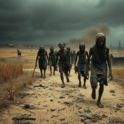 A haunting portrayal of a 19th-century famine scene, showcasing emaciated figures wandering the desolate landscape, their faces reflecting despair and hopelessness