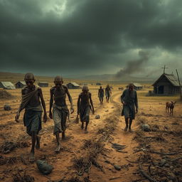 A haunting portrayal of a 19th-century famine scene, showcasing emaciated figures wandering the desolate landscape, their faces reflecting despair and hopelessness