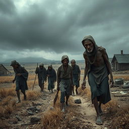A haunting portrayal of a 19th-century famine scene, showcasing emaciated figures wandering the desolate landscape, their faces reflecting despair and hopelessness