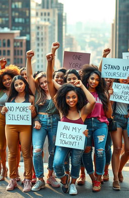 A powerful image of a diverse group of young women standing together in a defiant pose, symbolizing strength and unity in the fight against abuse