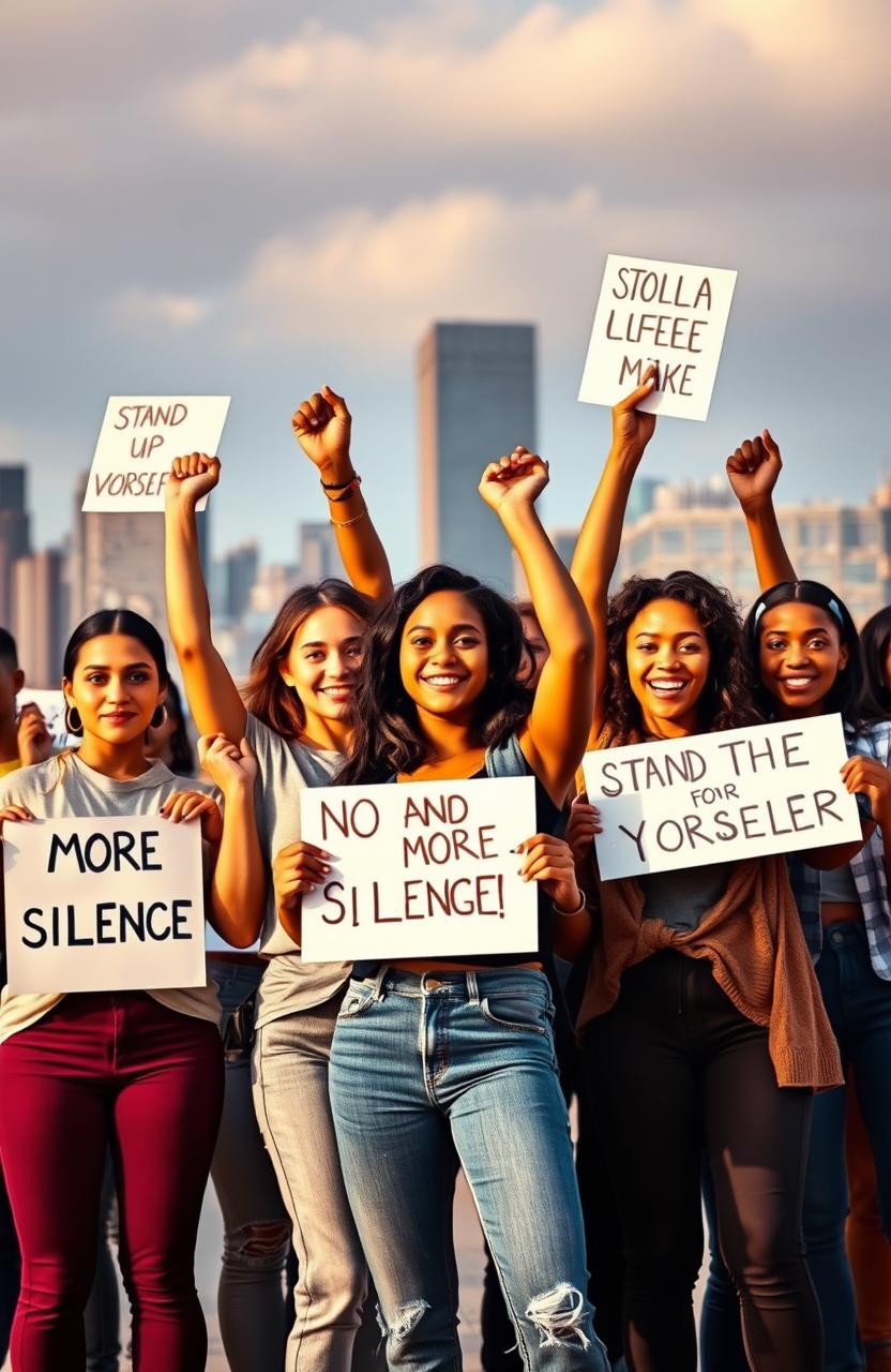 A powerful image of a diverse group of young women standing together in a defiant pose, symbolizing strength and unity in the fight against abuse