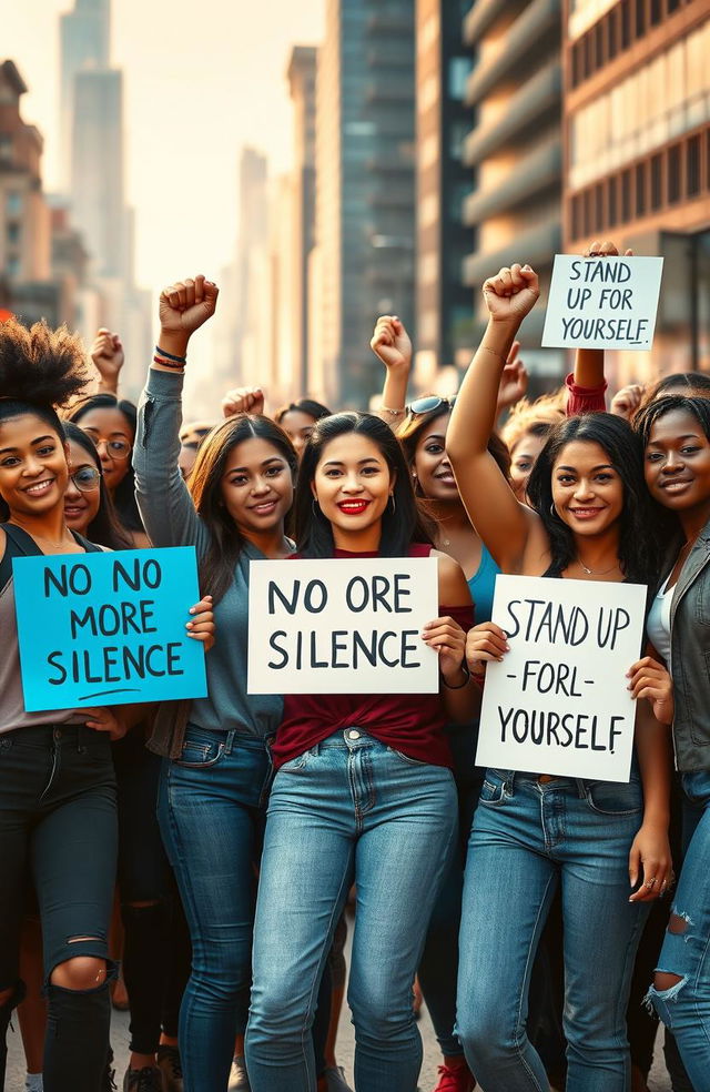 A powerful image of a diverse group of young women standing together in a defiant pose, symbolizing strength and unity in the fight against abuse