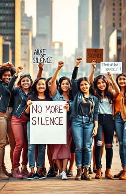 A powerful image of a diverse group of young women standing together in a defiant pose, symbolizing strength and unity in the fight against abuse