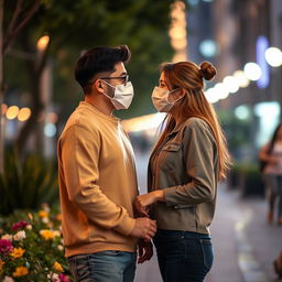 A romantic scene depicting love during a pandemic, featuring a couple exchanging loving glances while wearing stylish face masks