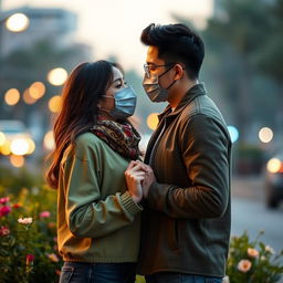 A romantic scene depicting love during a pandemic, featuring a couple exchanging loving glances while wearing stylish face masks