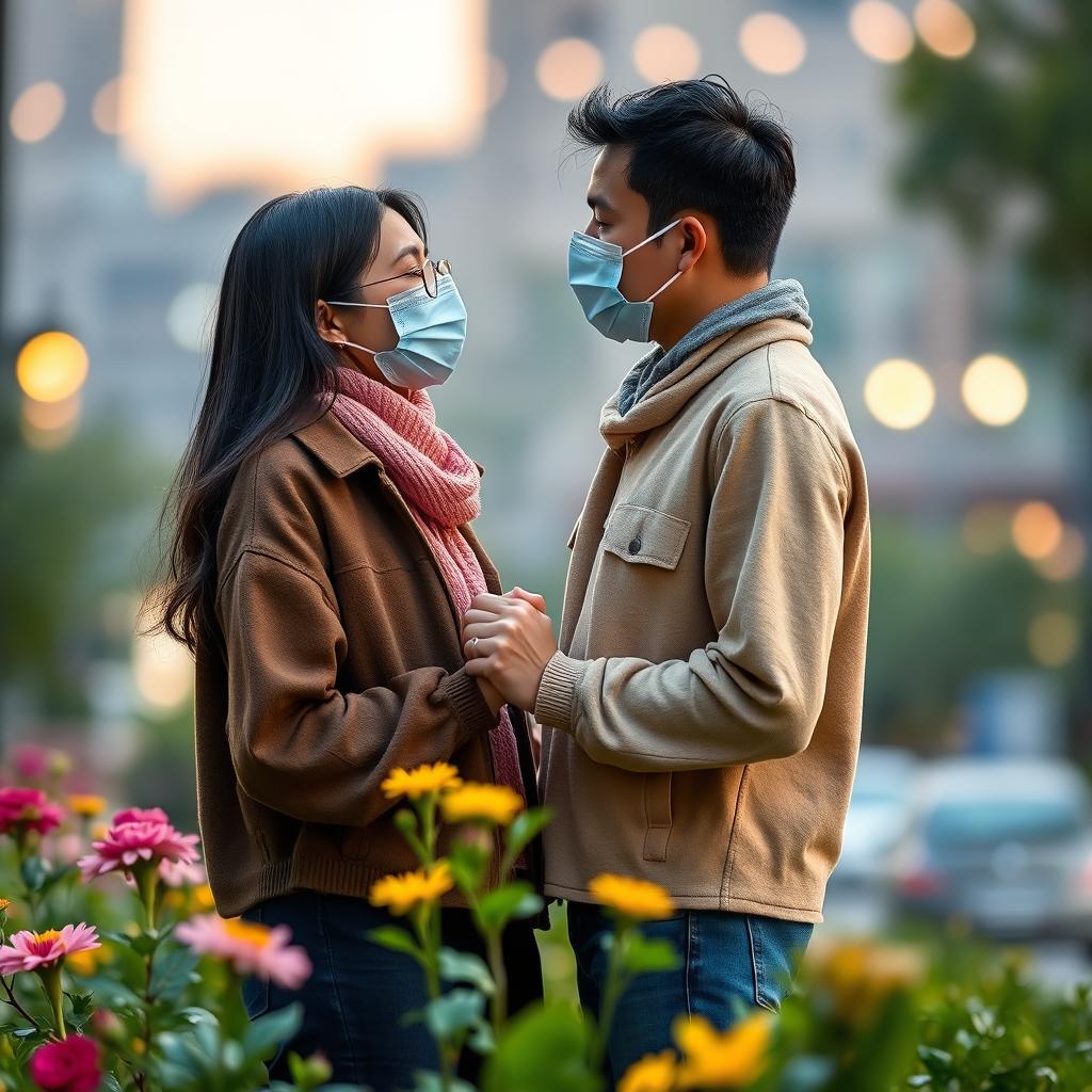 A romantic scene depicting love during a pandemic, featuring a couple exchanging loving glances while wearing stylish face masks