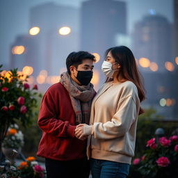 A romantic scene depicting love during a pandemic, featuring a couple exchanging loving glances while wearing stylish face masks