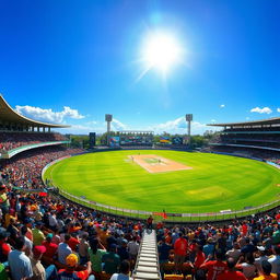 A lively cricket stadium featuring a lush green pitch and colorful seating