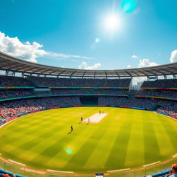 A lively cricket stadium featuring a lush green pitch and colorful seating