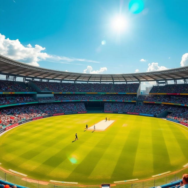 A lively cricket stadium featuring a lush green pitch and colorful seating