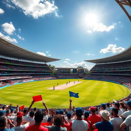 A lively cricket stadium featuring a lush green pitch and colorful seating