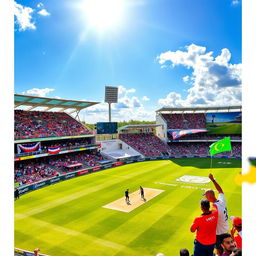 A lively cricket stadium featuring a lush green pitch and colorful seating