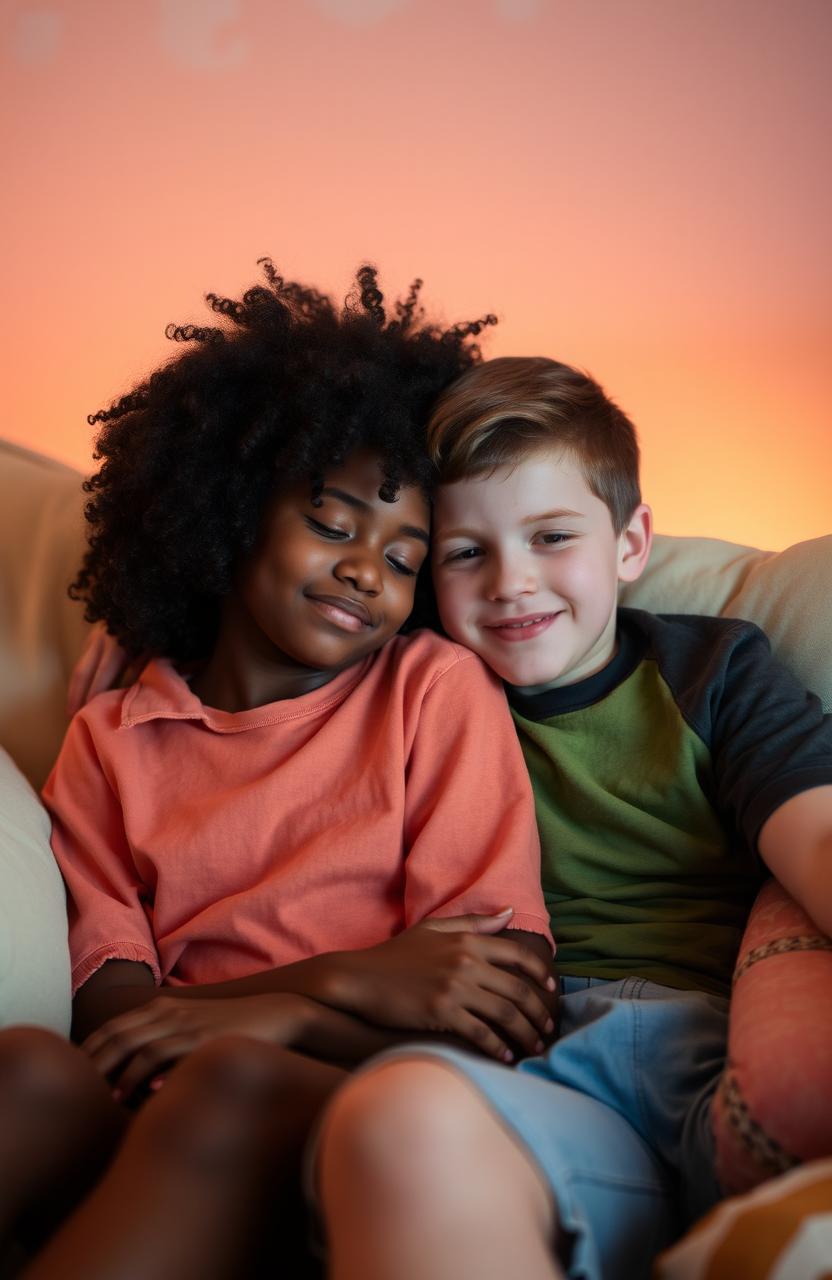 A black girl with natural curly hair gently resting her head on the shoulder of a white boy with short brown hair