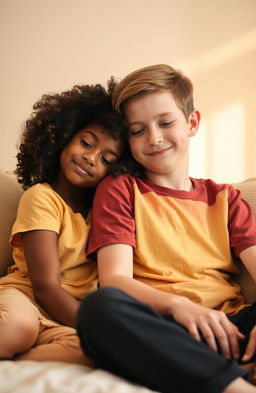 A black girl with natural curly hair gently resting her head on the shoulder of a white boy with short brown hair
